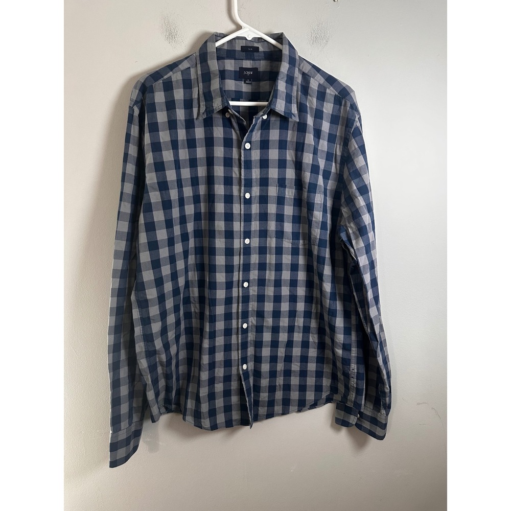 J.Crew Slim Fit Gingham‎ Button Down Shirt Mens XL Navy Blue Grey Cotton 02437